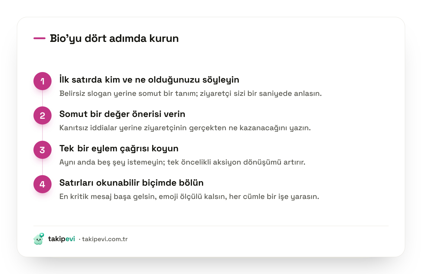 Instagram bio yazma adımları: kim ve ne tanımı, somut değer önerisi, tek eylem çağrısı ve okunabilir satır düzeni