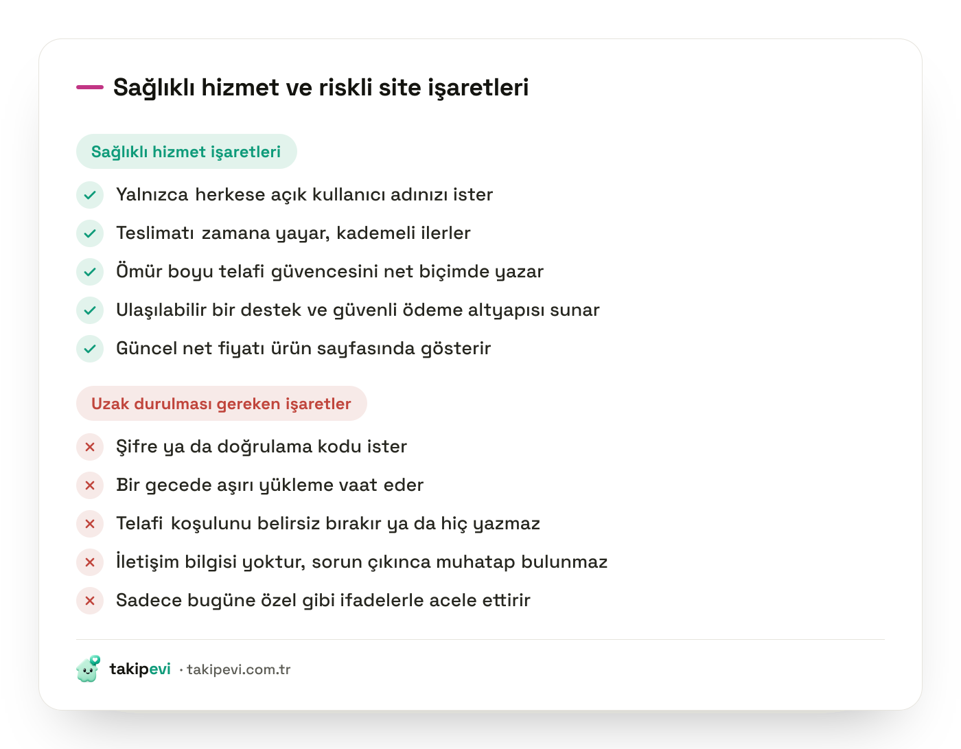 Güvenli takipçi hizmeti kontrol listesi: şifresiz çalışma ve telafi güvencesine karşılık şifre isteyen, iletişimsiz sitelerin uyarı işaretleri