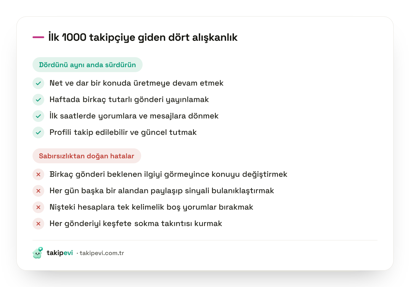 İlk 1000 takipçi için sürdürülmesi gereken dört alışkanlık ve büyümeyi yavaşlatan sabırsızlık hataları listesi