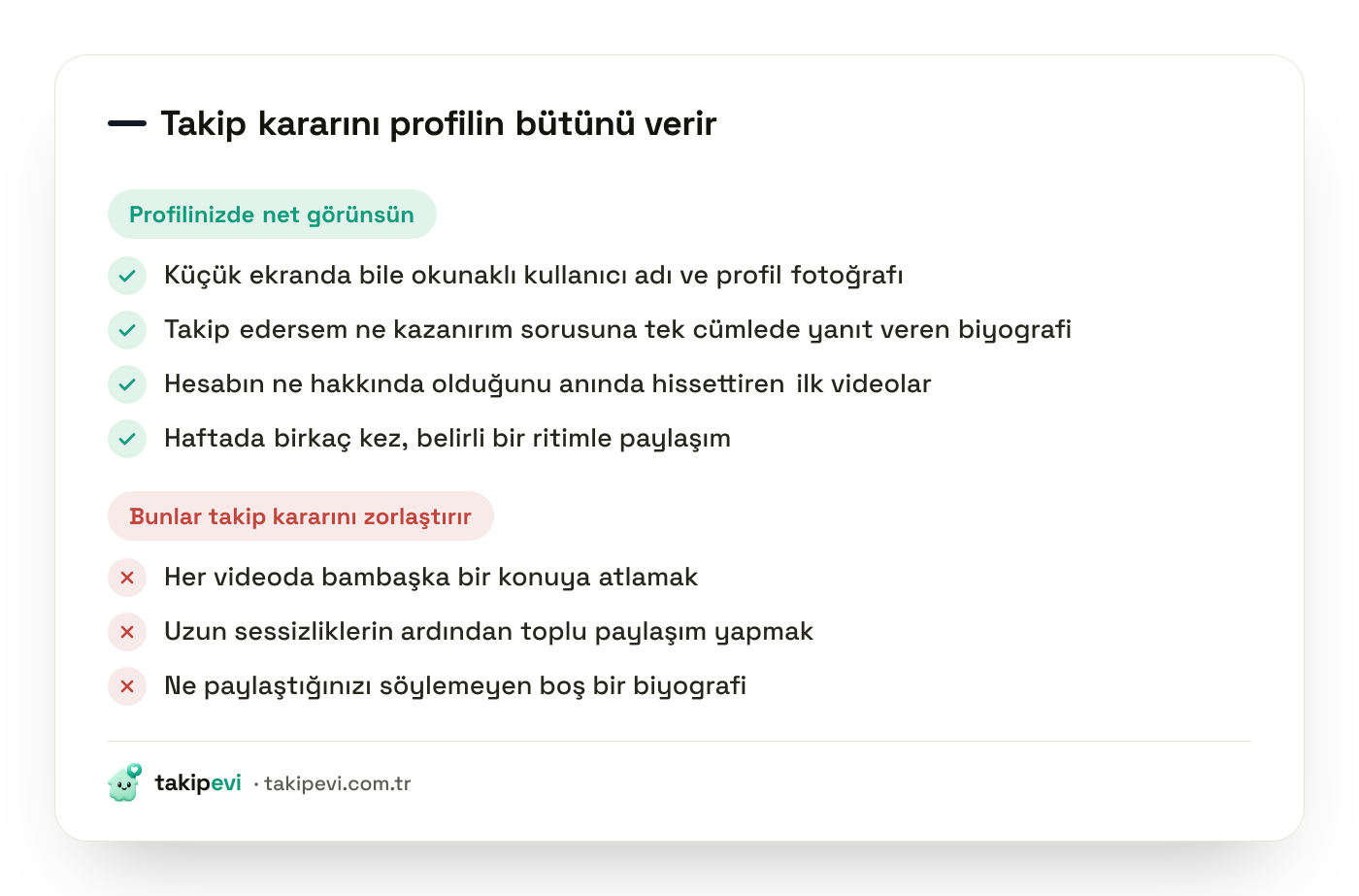 TikTok profil kontrol listesi: okunaklı kullanıcı adı, ne paylaşıldığını söyleyen biyografi, tutarlı içerik akışı ve kaçınılması gereken alışkanlıklar