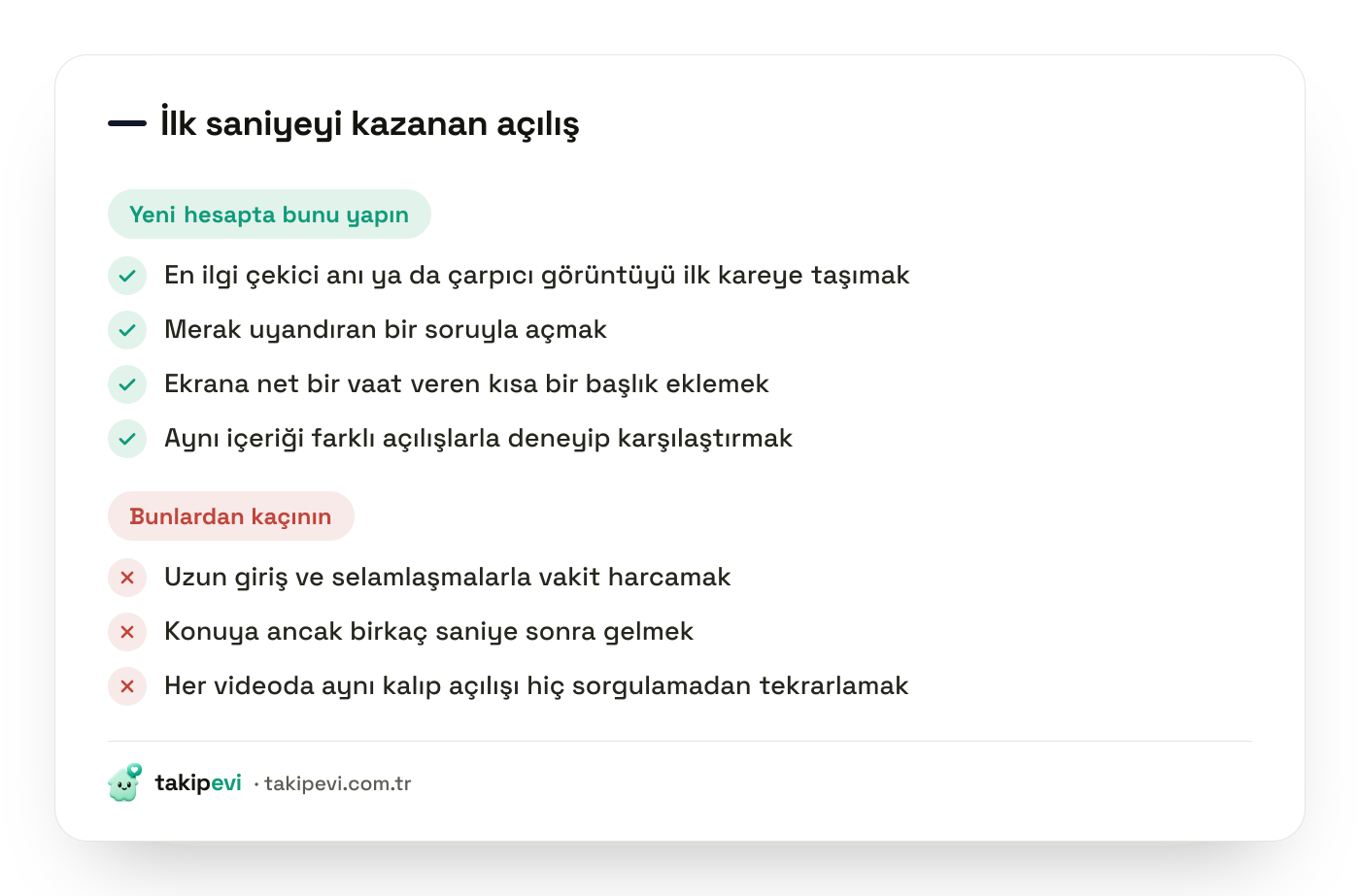 Yeni TikTok hesabı için video açılış kontrol listesi: çarpıcı görüntü, merak uyandıran soru, ekran başlığı ve farklı kancaları test etmek