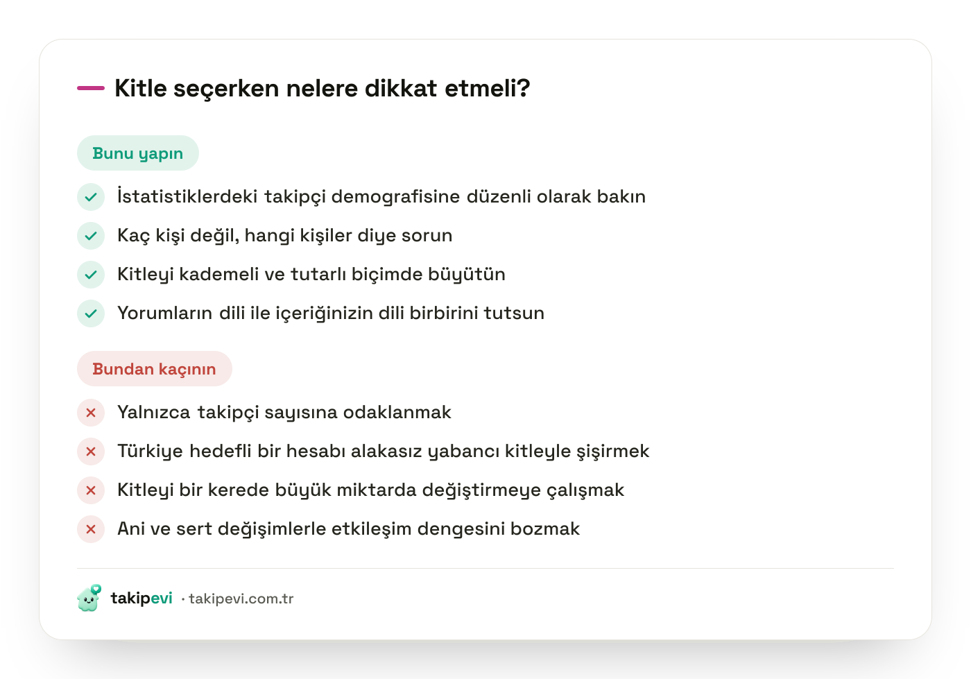 Takipçi kitlesi seçerken yapılması ve kaçınılması gerekenleri sıralayan kontrol listesi görseli
