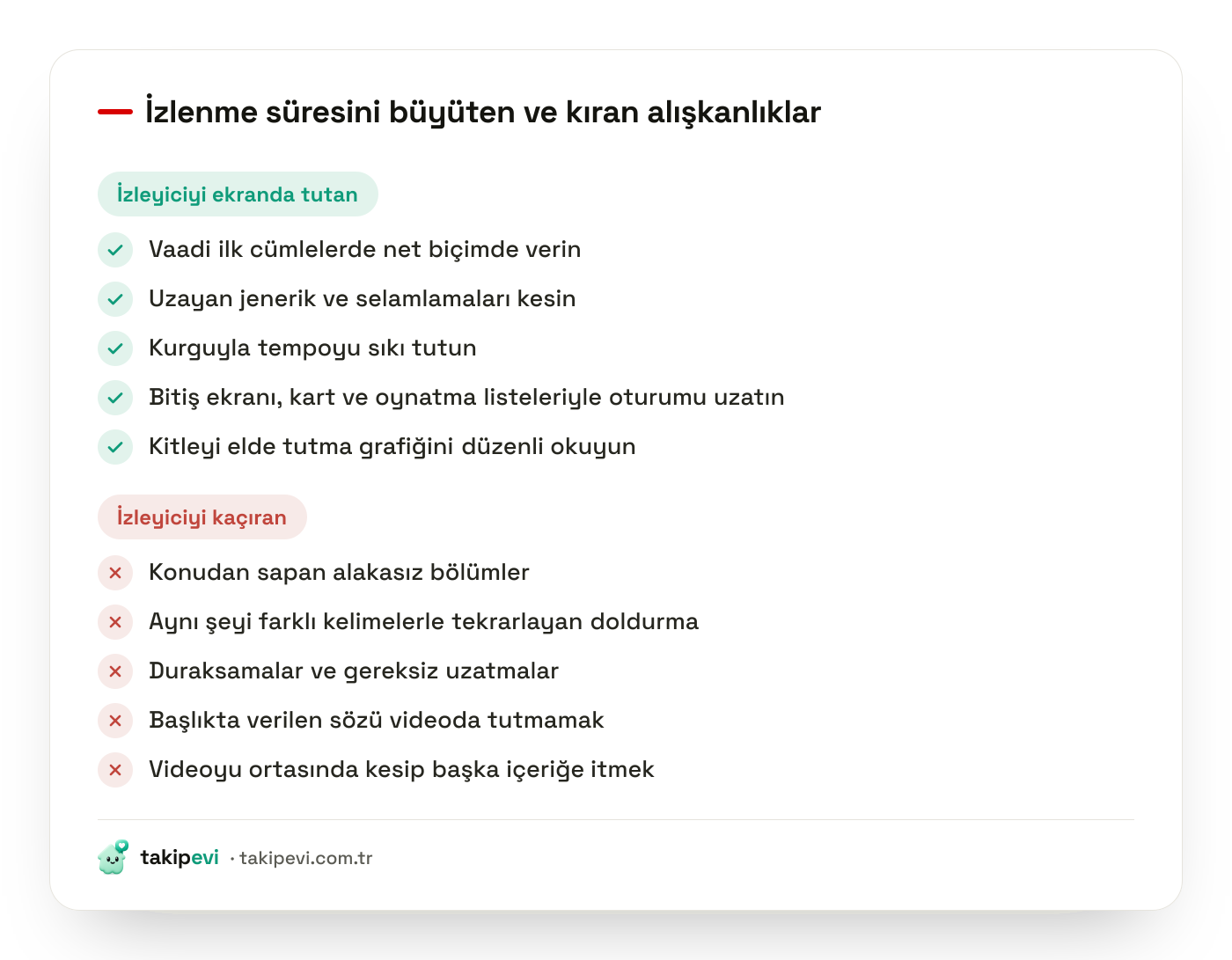 YouTube izlenme süresi kontrol listesi: ortalama izlenme süresini yükselten alışkanlıklar ve izleyiciyi videodan uzaklaştıran yaygın tuzaklar