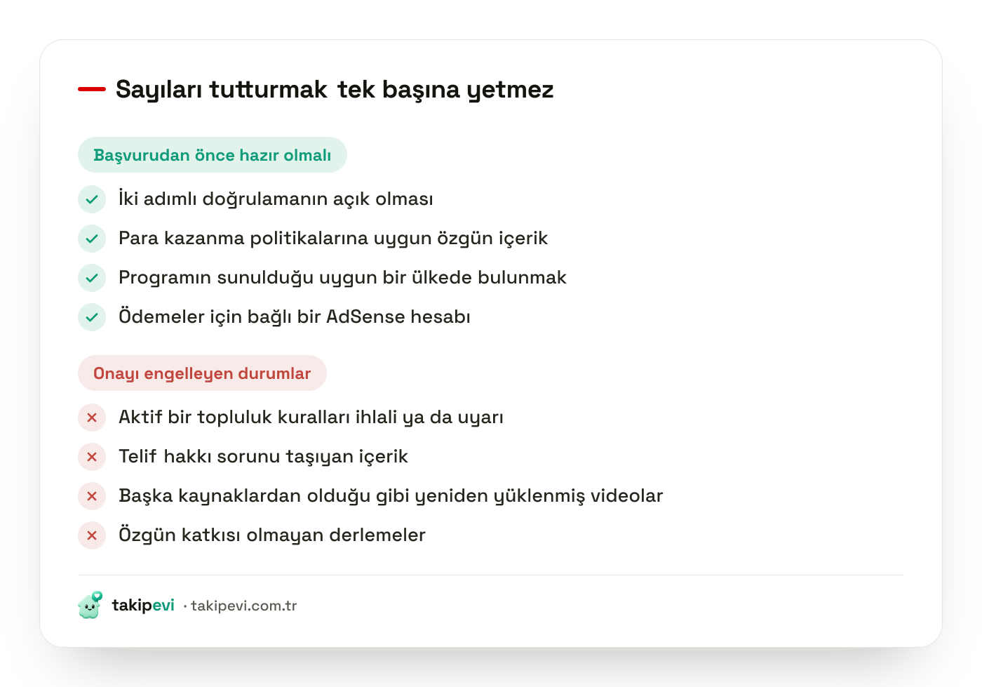 YouTube Partner Programı başvuru kontrol listesi: iki adımlı doğrulama, temiz sicil ve AdSense hesabı ile onayı engelleyen içerik sorunları