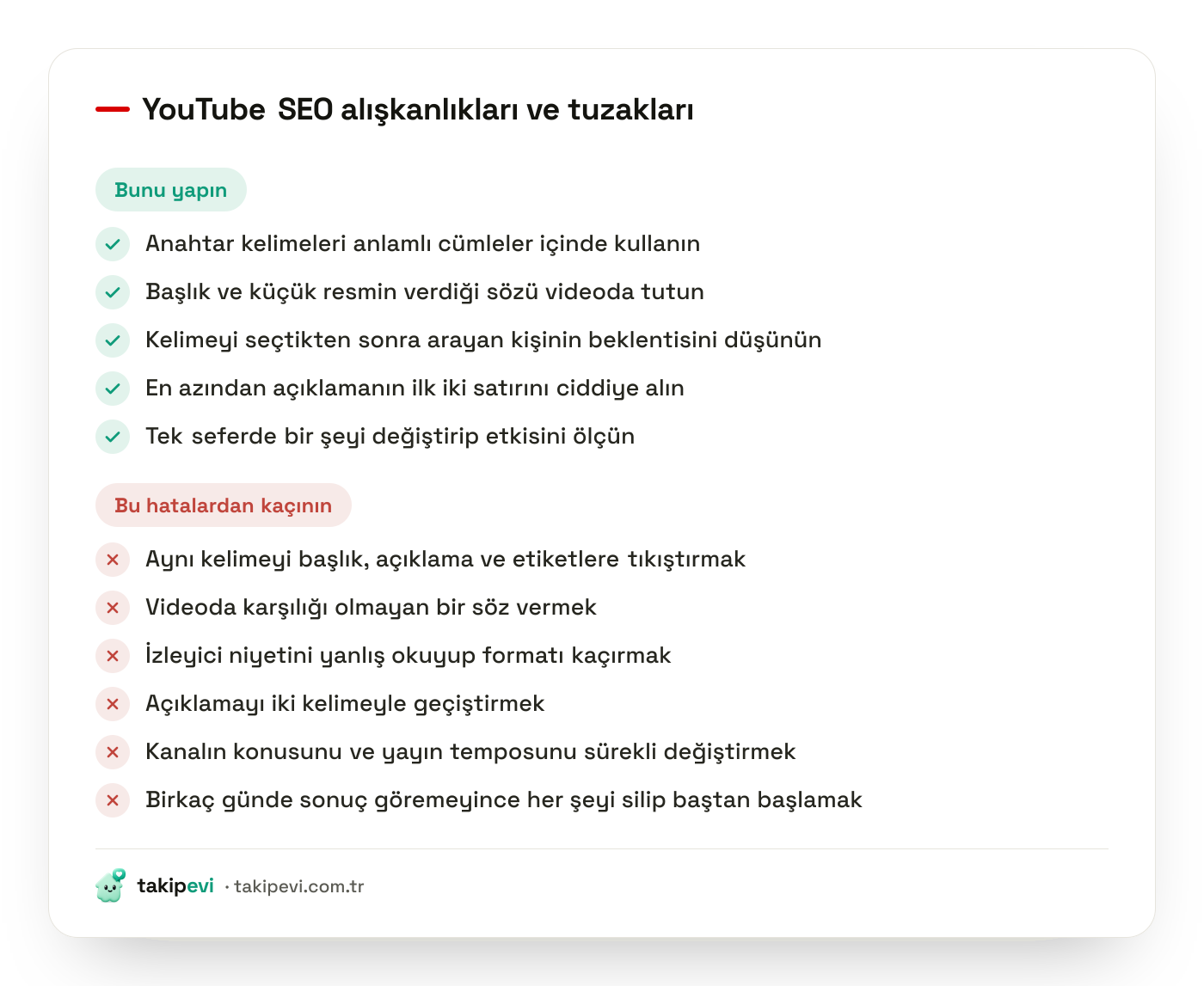 YouTube SEO kontrol listesi: doğru optimizasyon alışkanlıkları ile sık yapılan hataların yan yana karşılaştırması